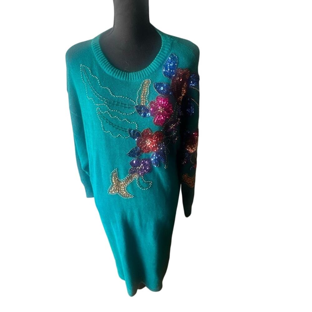 Vintage Chic Diana Marco Teal Sweater Dress Beaded Floral Plus 22